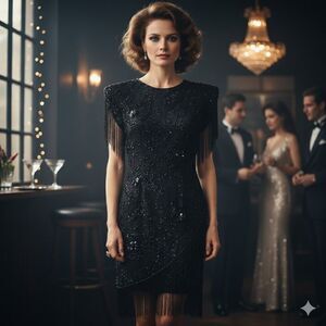 Vintage Black Tie Silk Hand Beaded Fringe Dress Glam 80s Gatsby Prom Gala Sz 4